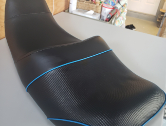 Motorcycle Seat Upholstery, with Blue Piping